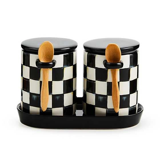 Black and White Ceramic Checkered Canister Set with Wooden Spoons