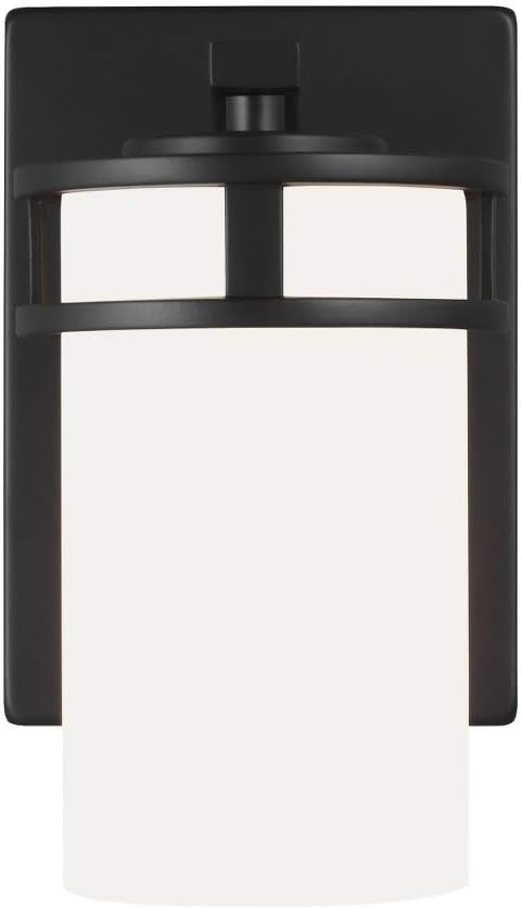 Generation Lighting 4121601-112 Robie Etched/White Glass Cylinder Wall Sconce Lighting Fixture, 1-Light 75 Watt, 8" H x 5" W, Midnight Black