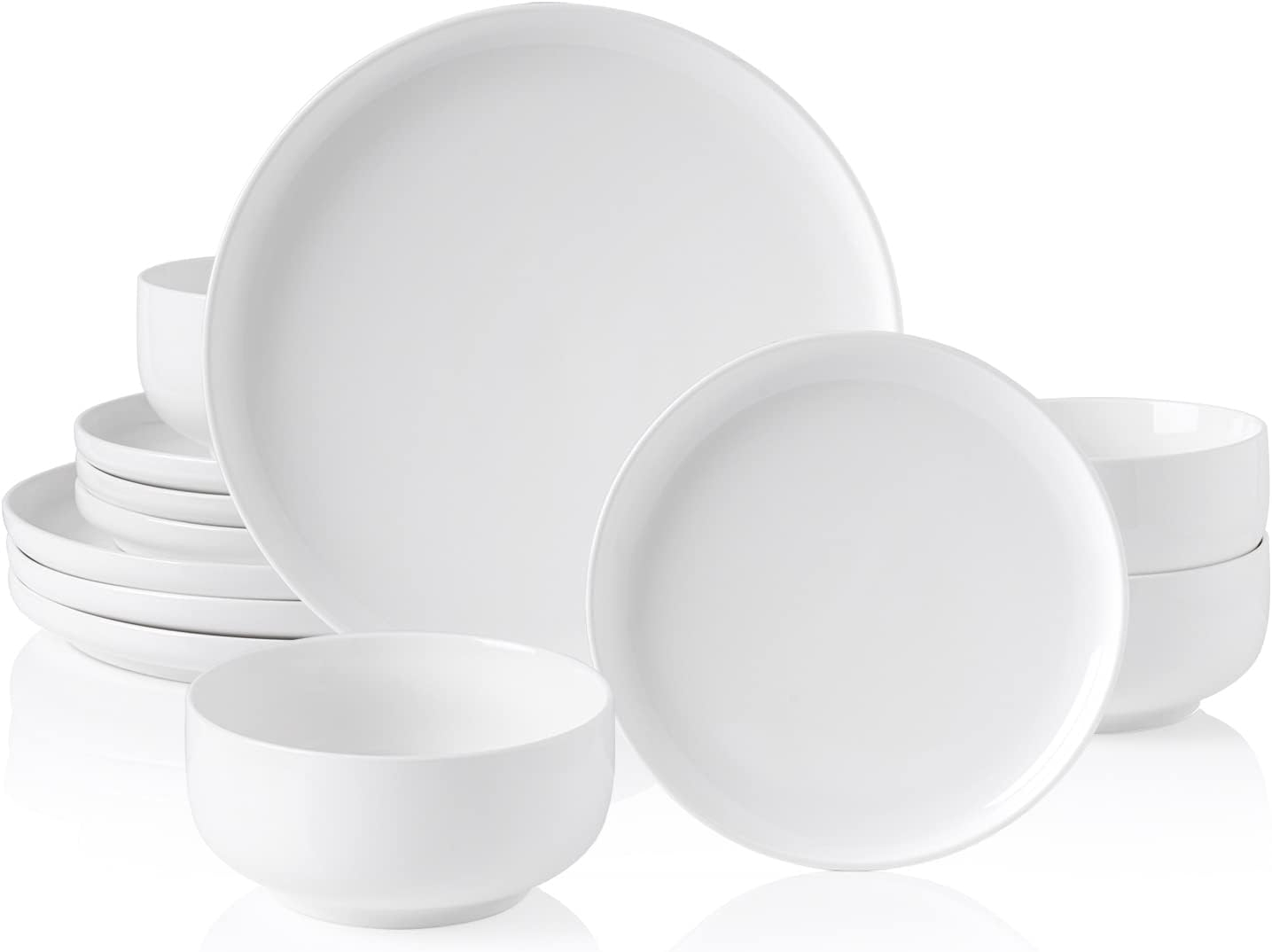 Plates and Bowls Sets, 12 Pieces Porcelain Dinnerware Sets Dishware Sets Chip Resistant Ceramic Dish Set Dining Dinner Ware Service for 4, White, Series LUNA