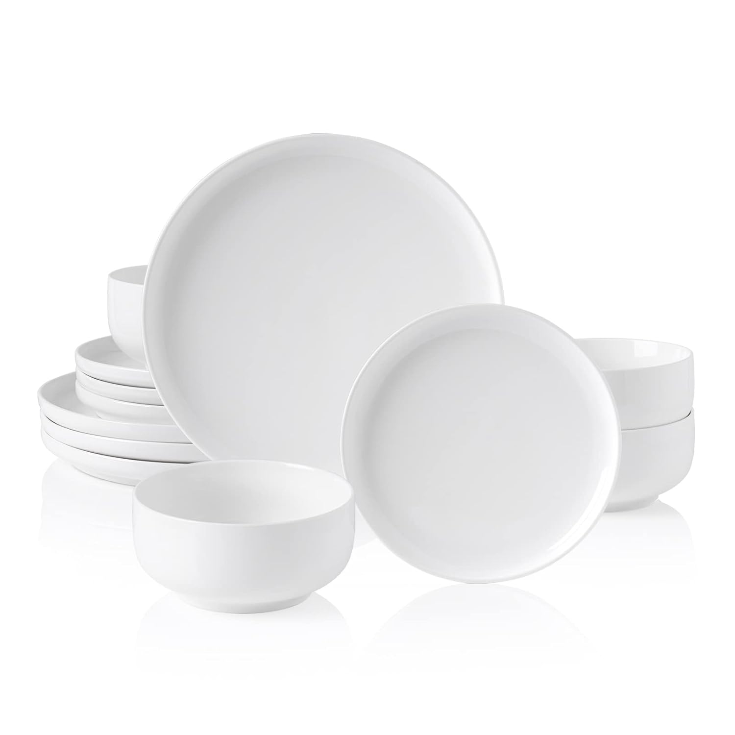 Plates and Bowls Sets, 12 Pieces Porcelain Dinnerware Sets Dishware Sets Chip Resistant Ceramic Dish Set Dining Dinner Ware Service for 4, White, Series LUNA
