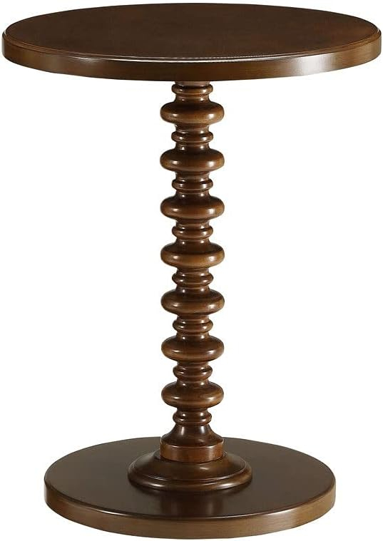 17 Inch Round Wood Side Table, Turned Support, Walnut Brown- Saltoro Sherpi