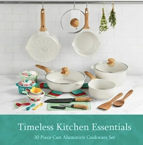The Pioneer Woman Prairie Signature 30-Piece Cast Aluminum Cookware Set, Linen Speckle