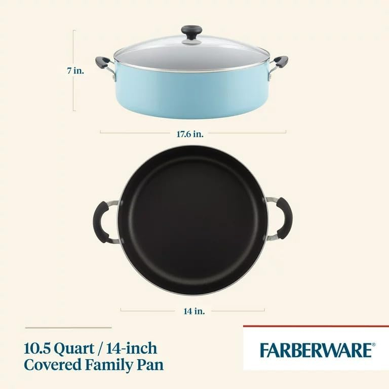 Farberware Sartén Familiar Antiadherente Easy Clean de 14", Cocina Jumbo con Tapa, Aguamarina