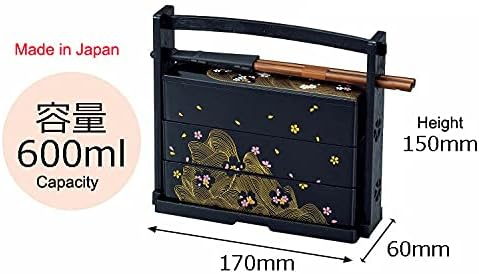 JapanBargain 1951, Japanese Lunch Bento Box Three Tiers with Chopsticks Traditional Plastic Lacquered Sushi Serving Container Sakura Cherry Blossom Pattern, Made in Japan