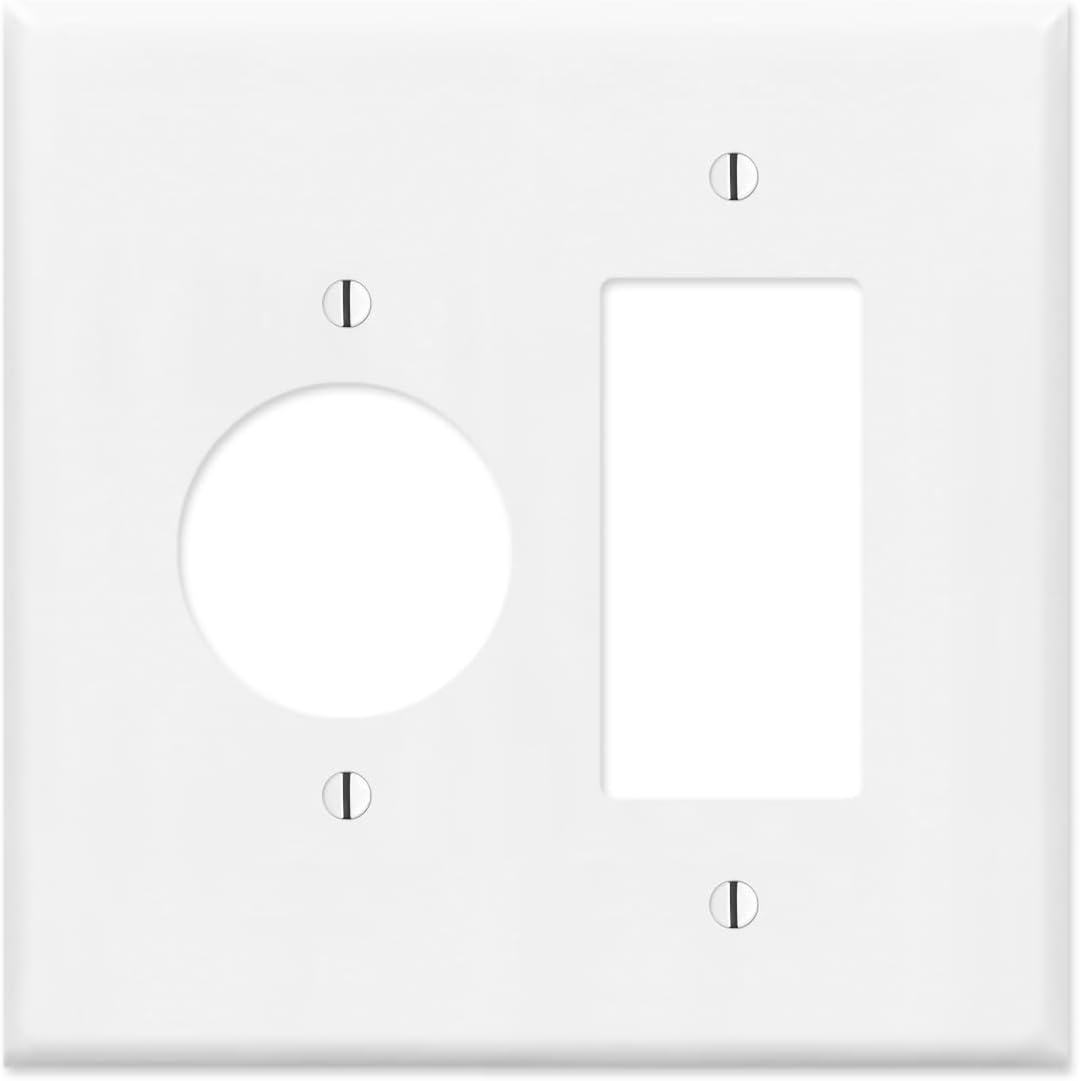 2 Gang Combination METAL Wall Plate - (1) Decora - GFCI - Rocker with (1) 1.406" Single Simplex Style Receptacle - Light Switch Plate Cover, Steel Painted White, UL Listed, 4.5" x 4.5" - Made in USA
