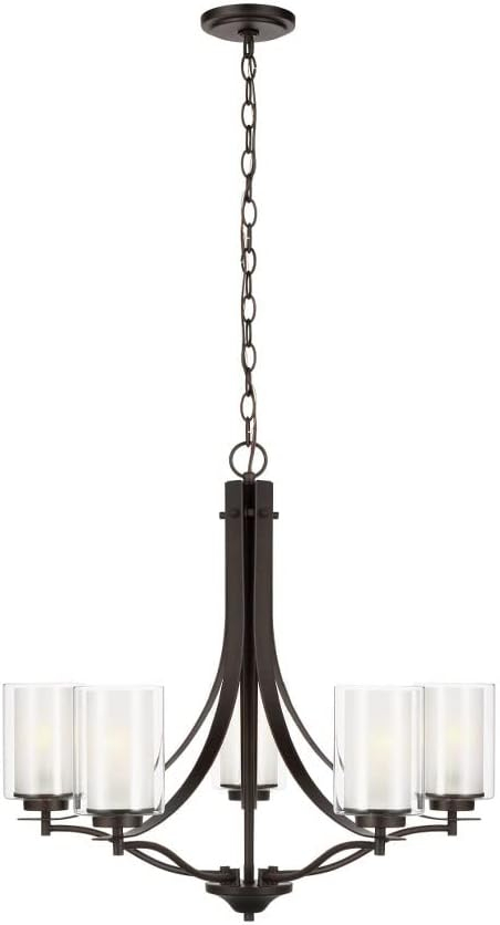 Elmwood Park 5-Light Bronze Modern Transitional Hanging Candlestick Chandelier with Satin Etched Glass Shades
