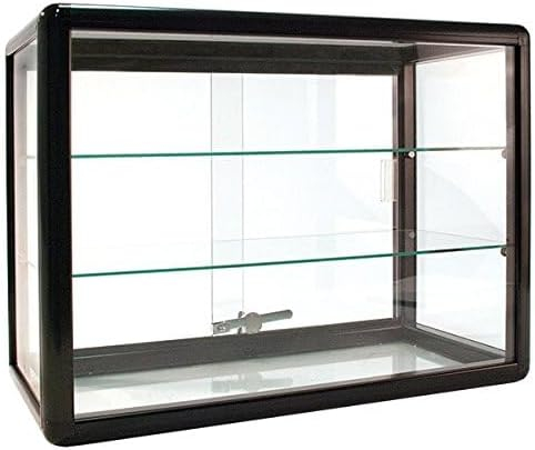 Only Garment Racks Elegant Black Aluminum Display Table Top Tempered Glass Show Case. Sliding Glass Doors with Lock
