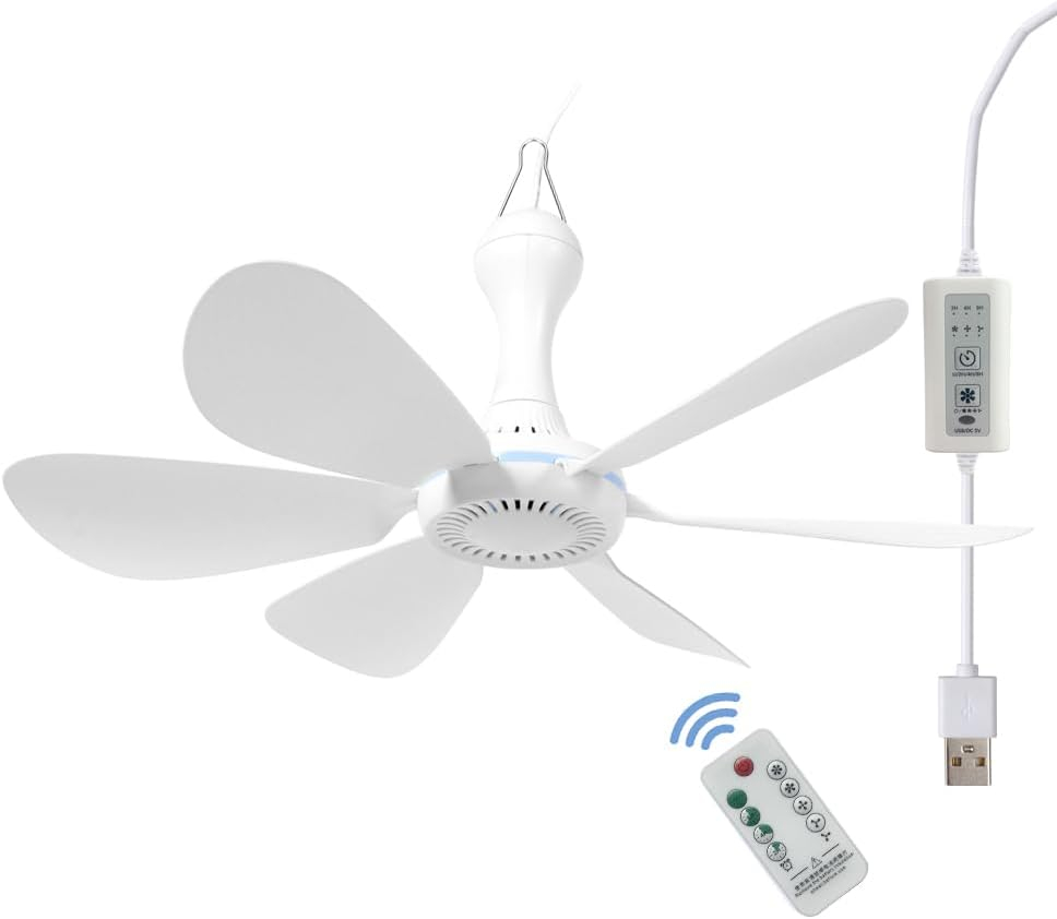USB Mini Small Ceiling Fan quiet Camping RV Fans Emergency Portable Outdoor Hanging Gazebo Canopy Dorm Fans Silent For Tent,Hiking,Outages Home Room with Remote Battery operated,Power Bank powered