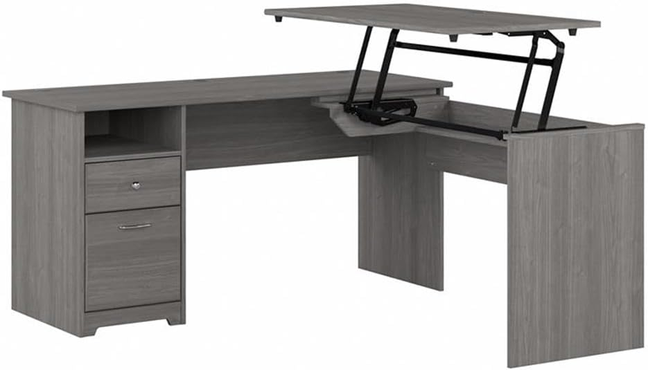 Modern Gray Adjustable Height L-Shaped Home Office Desk with Drawers