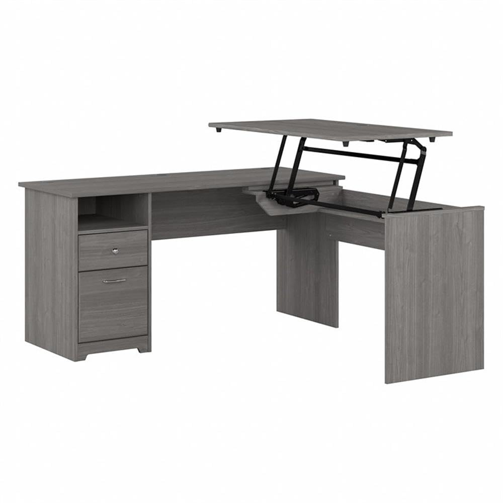 Modern Gray Adjustable Height L-Shaped Home Office Desk with Drawers