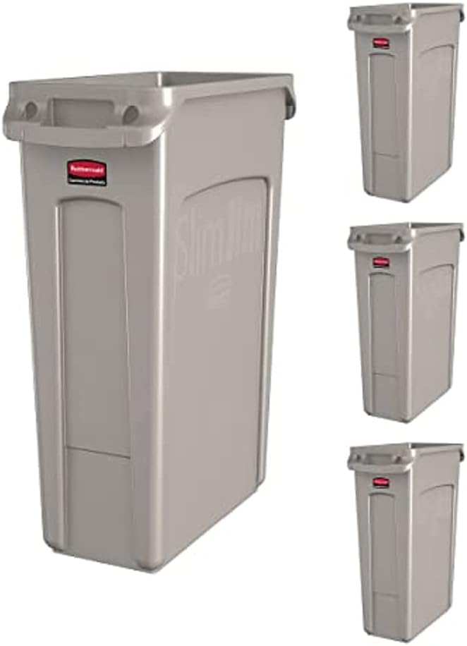 Rubbermaid Commercial Products Slim Jim Plastic Rectangular Trash/Garbage Can/Bin with Venting Channels, 23 GAL, Beige, for Kitchens/Classrooms/Offices/Back of House