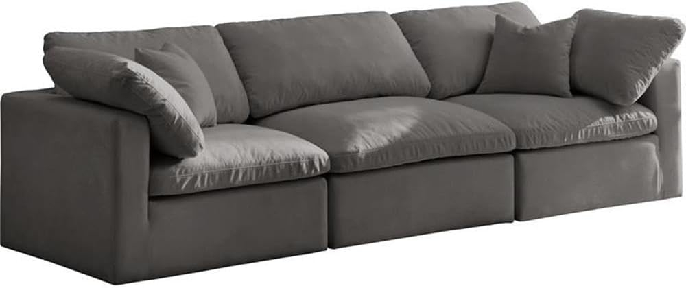 Meridian Furniture Plush Standard Modular Sofa, Soft Grey Velvet, Overstuffed Down Feather Cushions