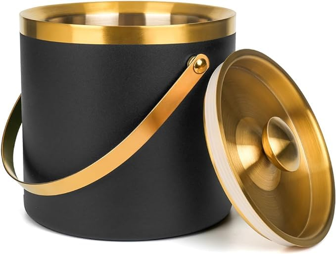 3L Double Wall Insulated Stainless Steel Ice Bucket with scoop for Cocktail Bar,Metal Ice Bucket for freezer with Lid for parties.ice Container to Keep Ice Colder,bar cart accessories(black)