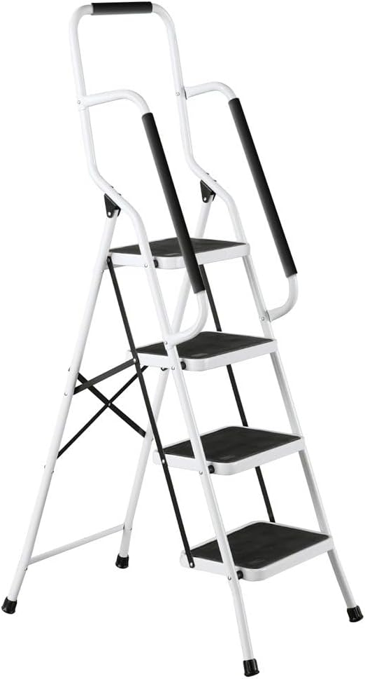 Collections Etc. Folding Anti-Slip Safety Step Ladder with Handrail Grips for Home or Office, Four Steps, 62.5 inches tall, White, White