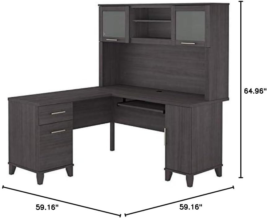 Bush Furniture Somerset 60 in L Desk with Hutch, Keyboard Tray, File and Storage in Storm Gray