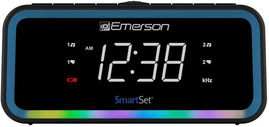 Emerson SmartSet AM/FM, Dual Alarm Clock Radio, 0.9" White LED, USB-C Charging and Multi-Color LED Decor, CKS1401