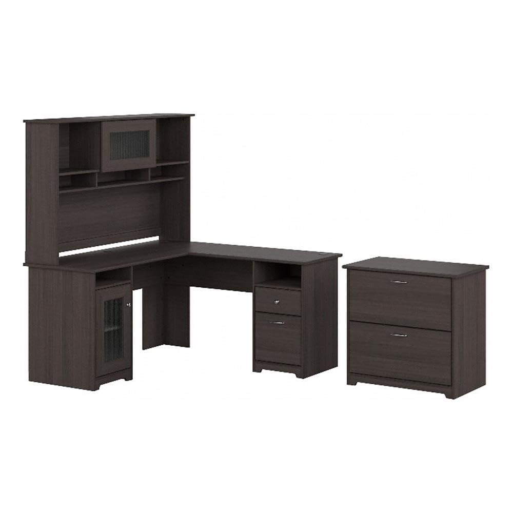 Cabot L Desk with Hutch & File Cabinet in Modern Walnut - Engineered Wood