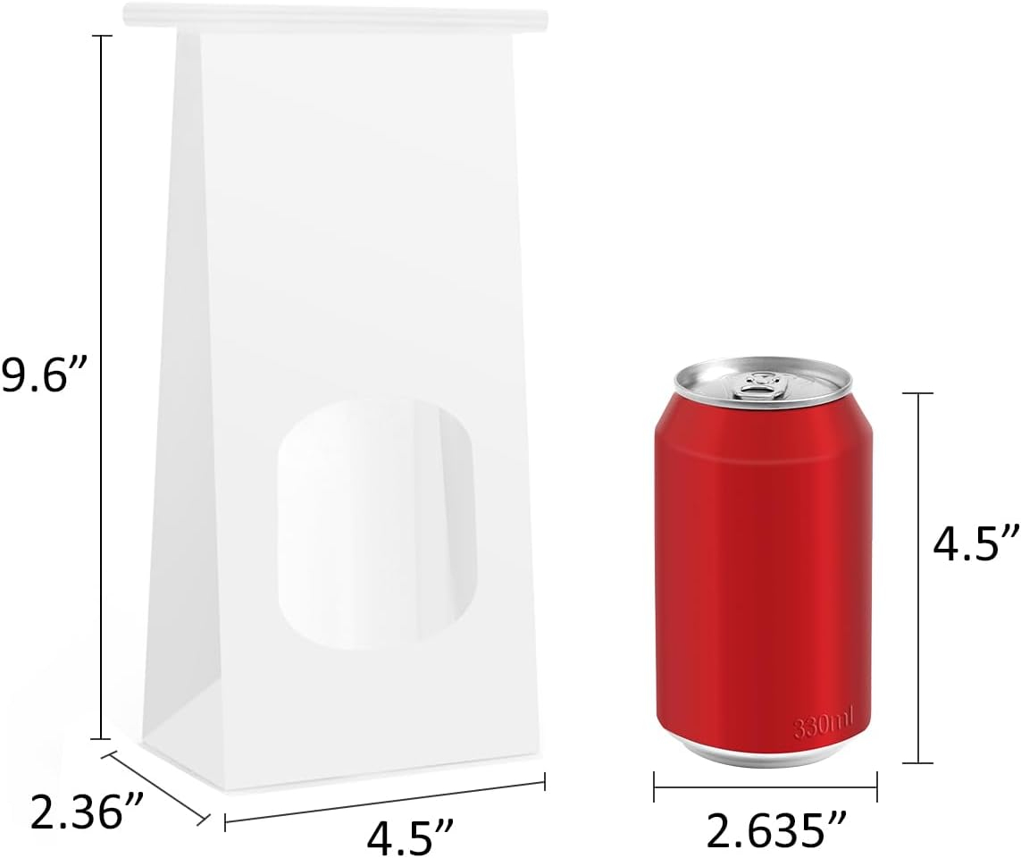 BagDream Bakery Bags with Window 100Pcs 4.5x2.36x9.6 Inches White Kraft Paper Bags with Window, Tin Tie Tab Lock, for Bakrery, Cookie, Coffee Bean, Snack