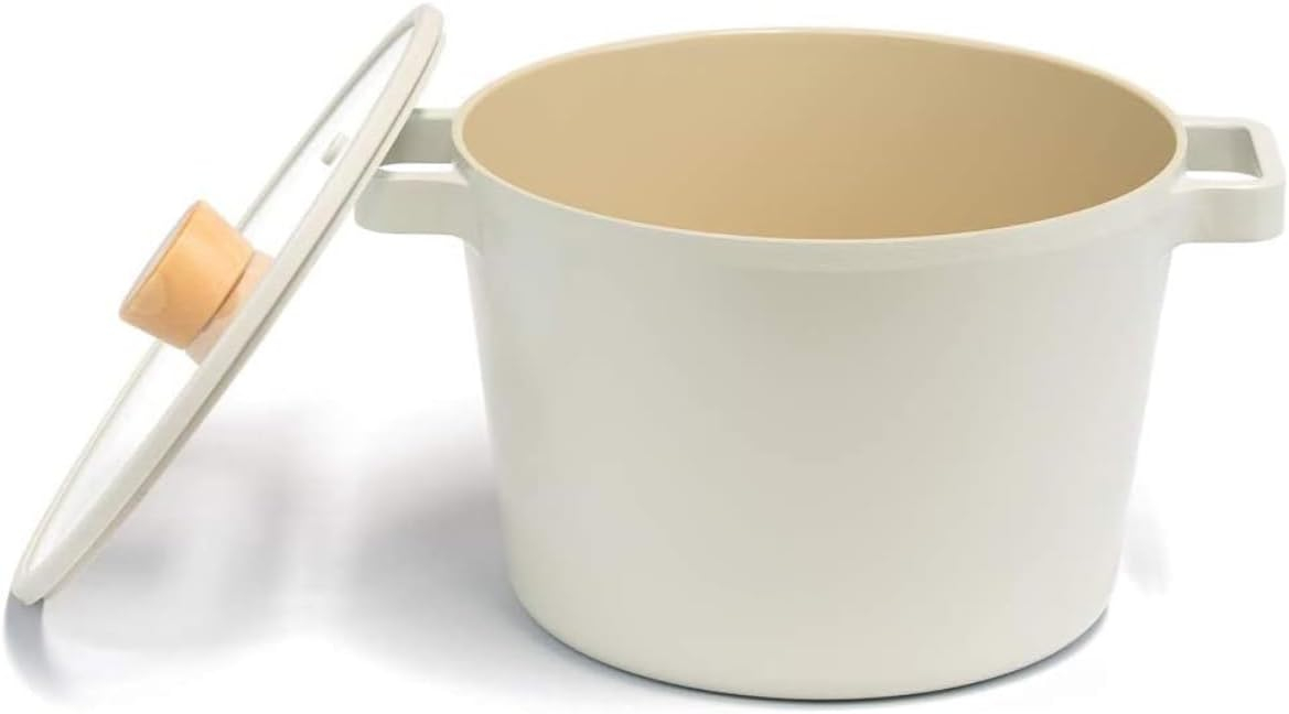 Neoflam Fika 4.9qt Deep Stock Pot with Glass Lid and Wood Knob, Made in Korea (22cm)