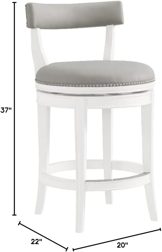 Hanover Swivel Counter Height Bar Stool, 26-Inch Seat Height, White and Gray, Solid Rubberwood Frame with Faux Leather Upholstery, Nailhead Trim, Memory Return Swivel Mechanism