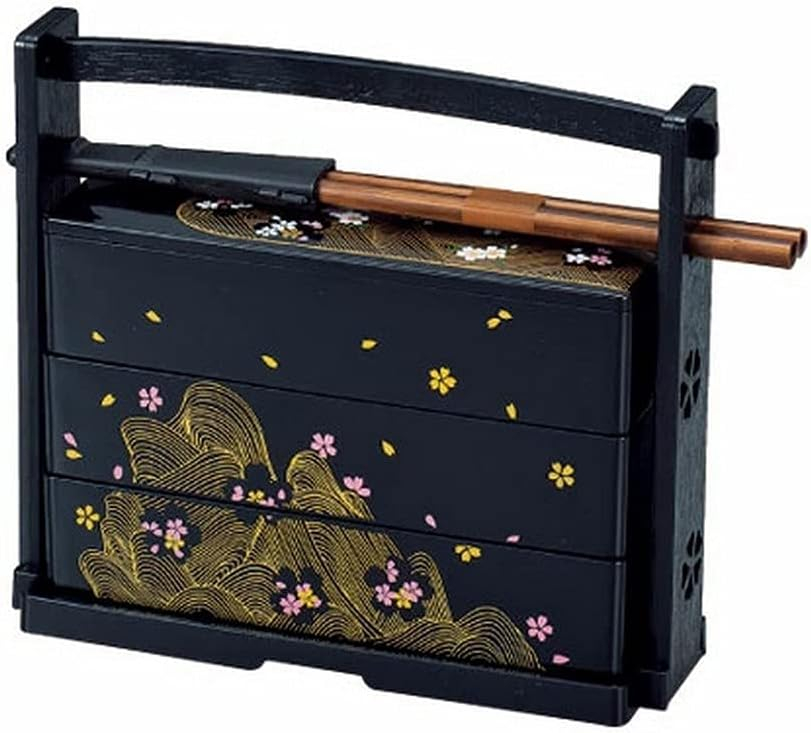 JapanBargain 1951, Japanese Lunch Bento Box Three Tiers with Chopsticks Traditional Plastic Lacquered Sushi Serving Container Sakura Cherry Blossom Pattern, Made in Japan