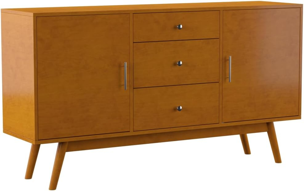 Walker Edison Mid Century Modern-TV Stand Console with 3 Drawers and Closed Cabinet Storage, 60", Walnut