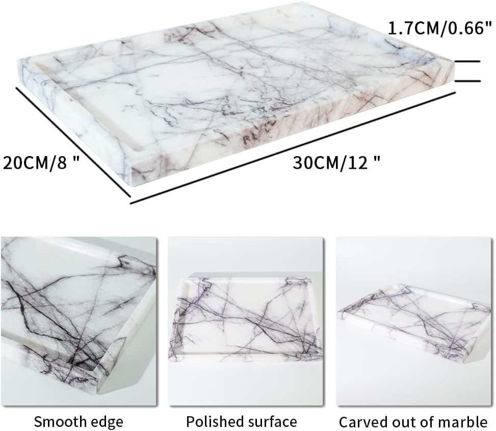 Real Luxurious Vanity Tray Natural Genuine Marble Storage Tray for Home Decor Stone Tray for Bathroom/Kitchen/Vanity/Dresser Non-Resin/Non-Ceramic(Lilac)