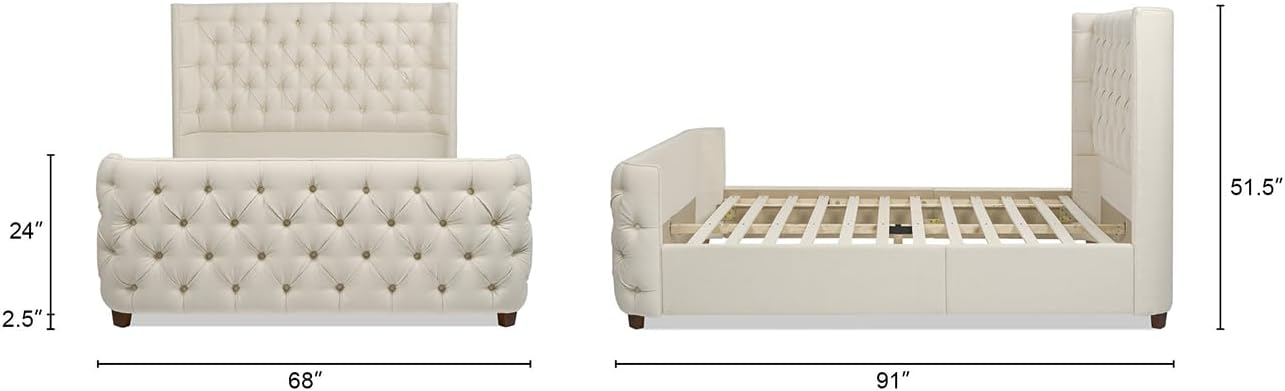 Jennifer Taylor Home Geneva Curved Wing Upholstered Platform Bed Frame, Queen, Light Beige Linen