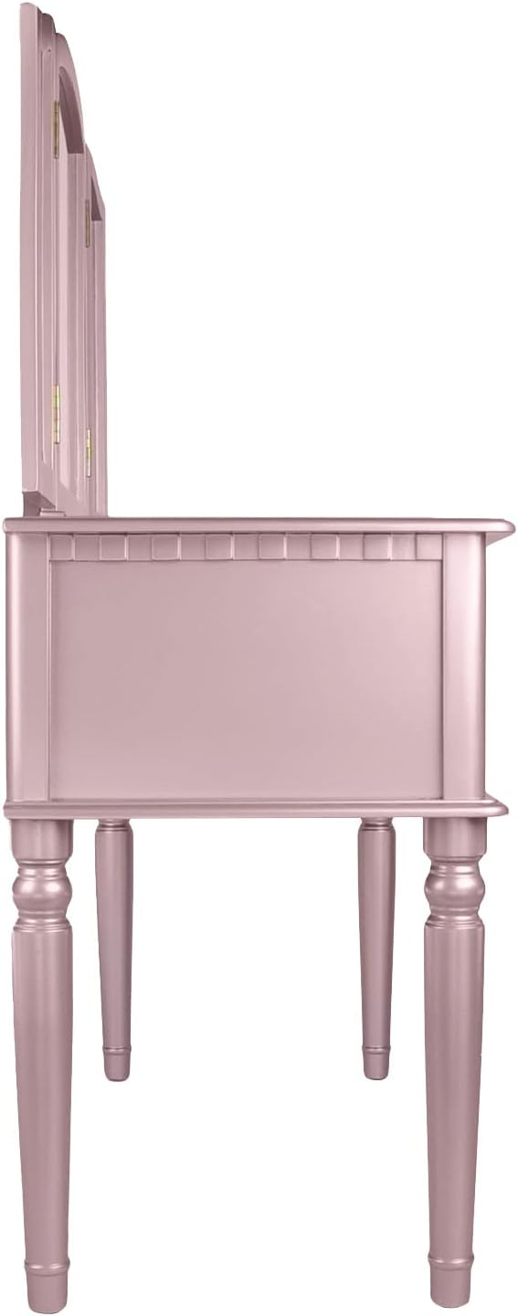 Poundex Furniture Wood Vanity Set with Mirror and Stool in Pink Rose Gold Color