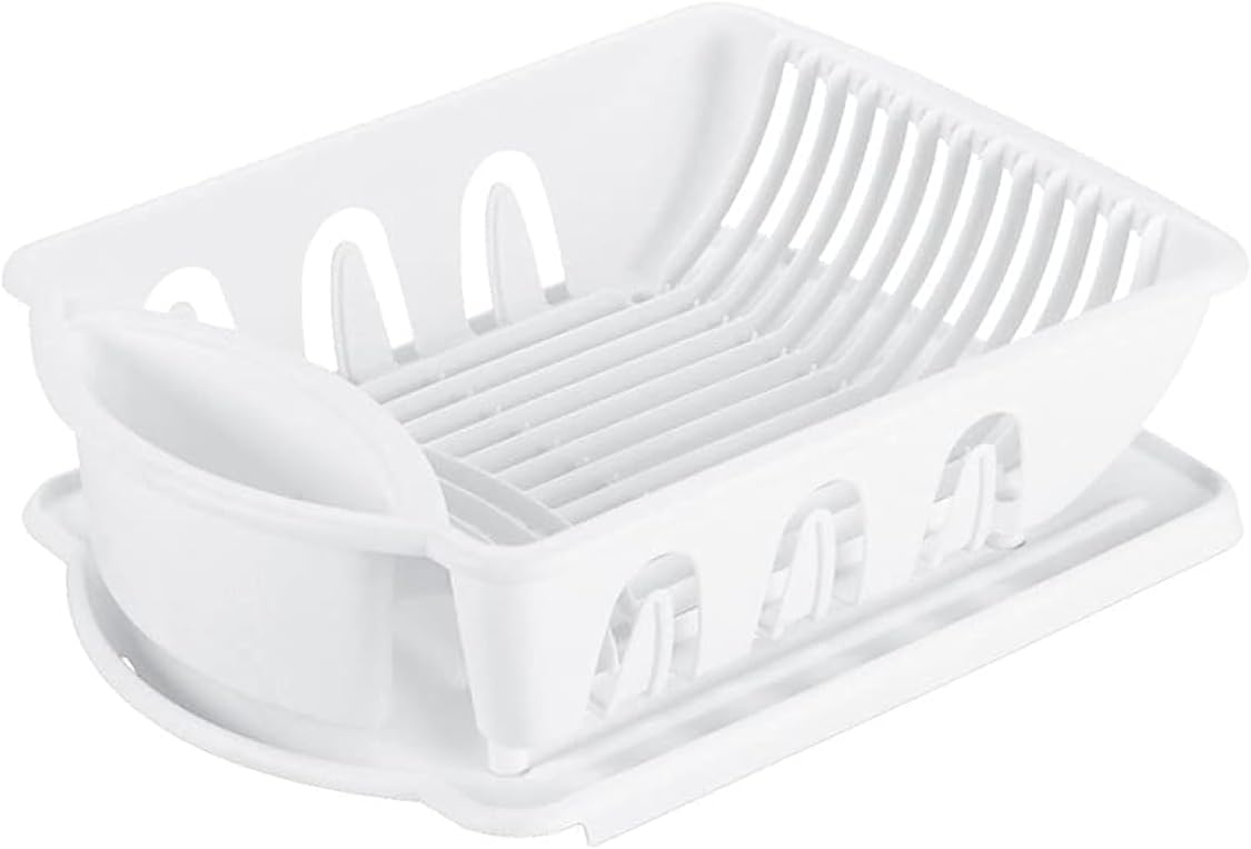 Sterilite 2 Piece Sink Set, Dish Drainer and Drainboard for Plates, Cups, and Flatware, White, 6 Count