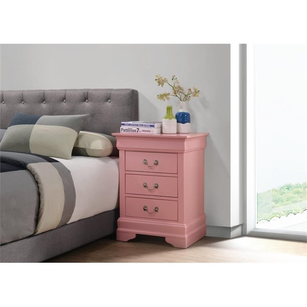 Pink 3 Drawer Nightstand with Real Wood Veneers