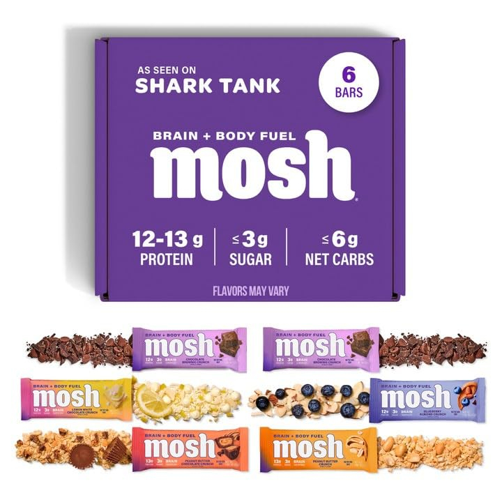 MOSH Variety Pack Protein Bars, 6pk, Keto Snack, Gluten-Free, No Added Sugar, 12g Whey Protein, Lion's Mane, B12 Vitamins, Supports Brain Health, Breakfast To-Go (Flavors may vary)