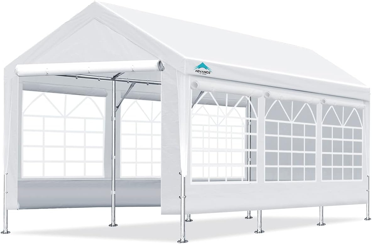 ADVANCE OUTDOOR 10'x20' Heavy Duty Steel Carport Car Canopy, Adjustable Height from 9.5ft to 11ft with Removable Window Sidewalls and Doors, White