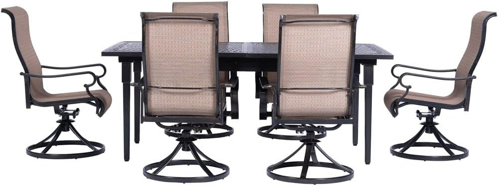 Hanover Brigantine Juego de Comedor Moderno para Exteriores de 7 Piezas / 4 Sillas con Cabestrillo, 2 Balancines Giratorios / Mesa con Tapa de 40'' x 70'' / Clima, Xido, Resistente a UV / Bronceado / BRIGDN7PCSW-2