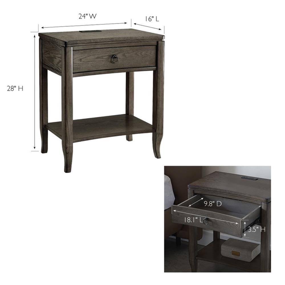Leick Home 9077-GR Annette Oak Drawer Nightstand Side Table with Top AC/USB Outlet and Shelf, Smoke Gray
