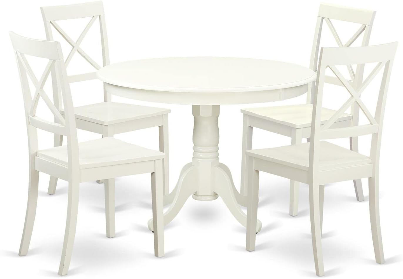 Linen White Round Wood Dining Table Set with 4 High Back Chairs
