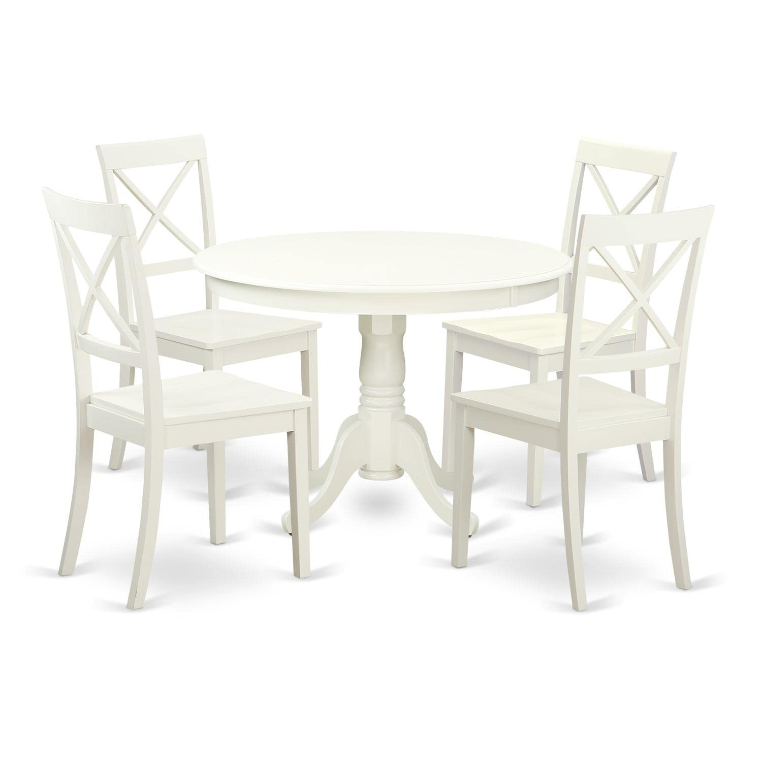 Linen White Round Wood Dining Table Set with 4 High Back Chairs