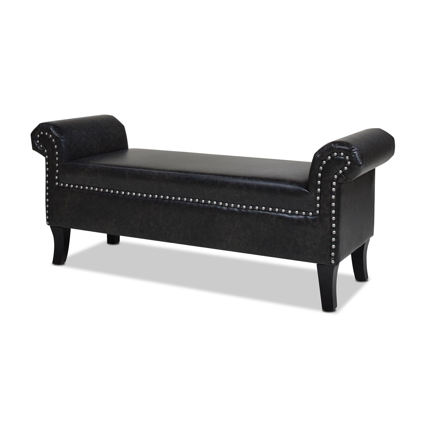 Kathy Roll Arm Entryway Accent Bench Vintage Black Brown Faux Leather