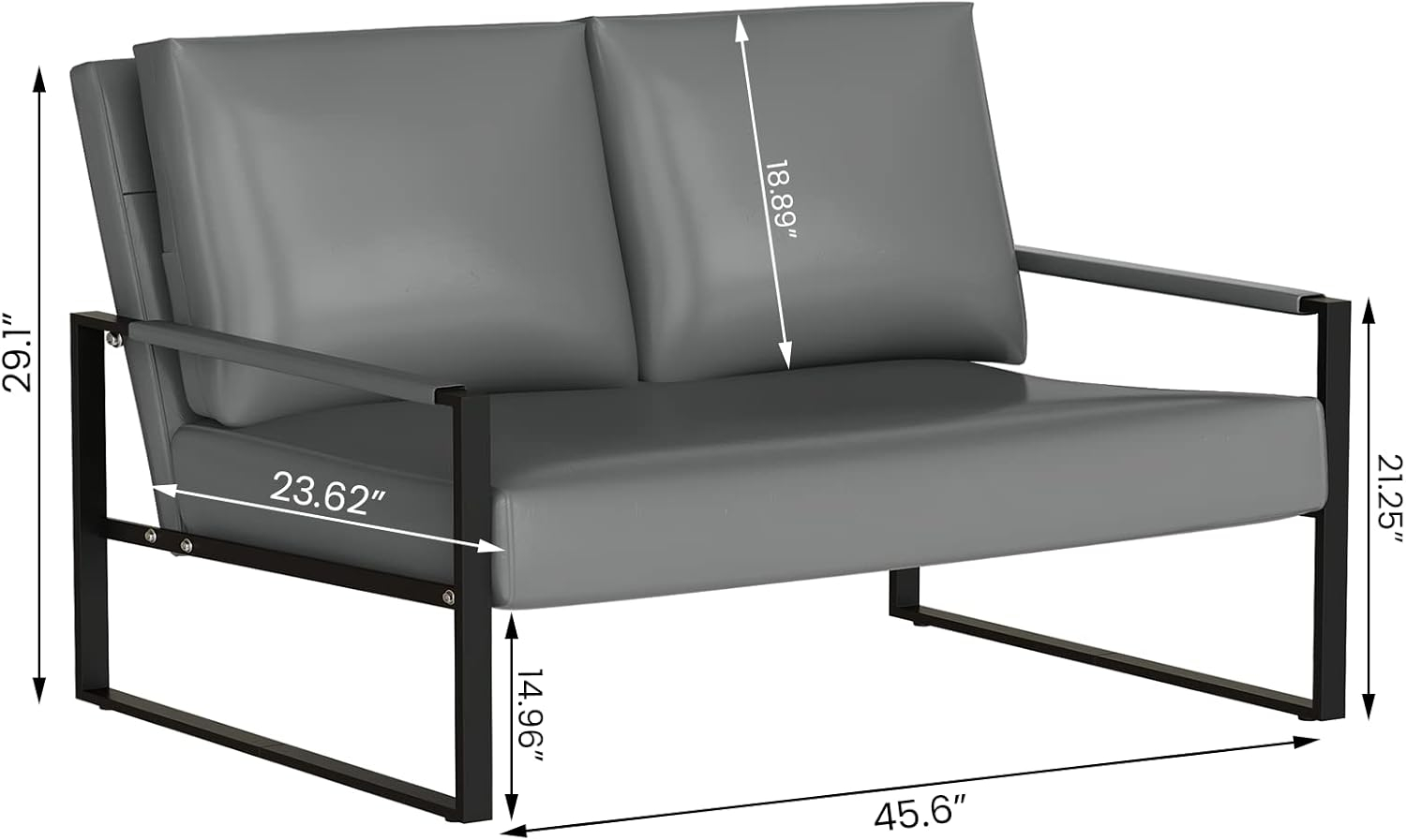 Grey Faux Leather Mid-Century Modern Loveseat with Metal Frame