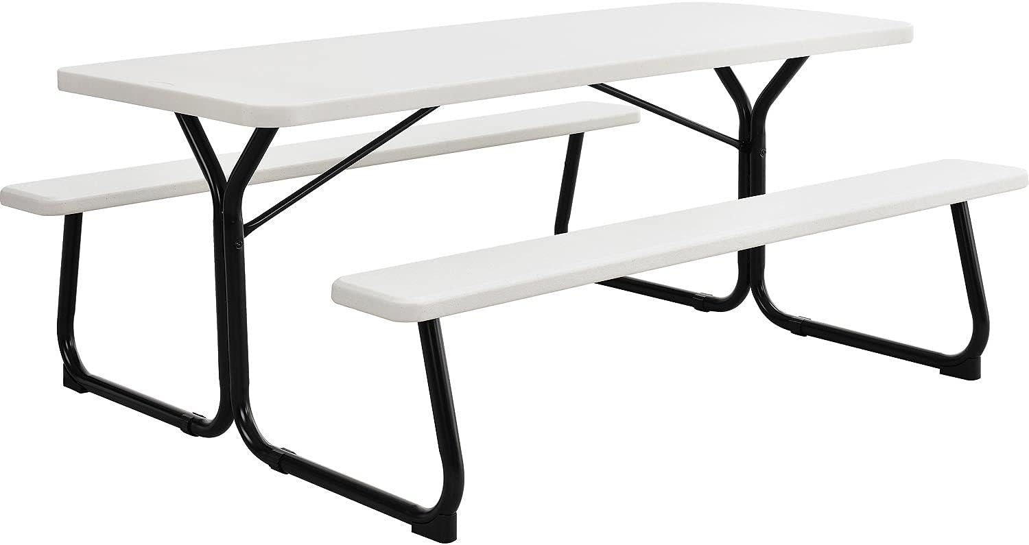 White Blow-Molded Plastic Outdoor Picnic Table with Steel Frame, 72"