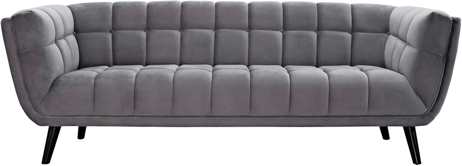 Elegant Gray Velvet Tufted Sofa with Track Arms