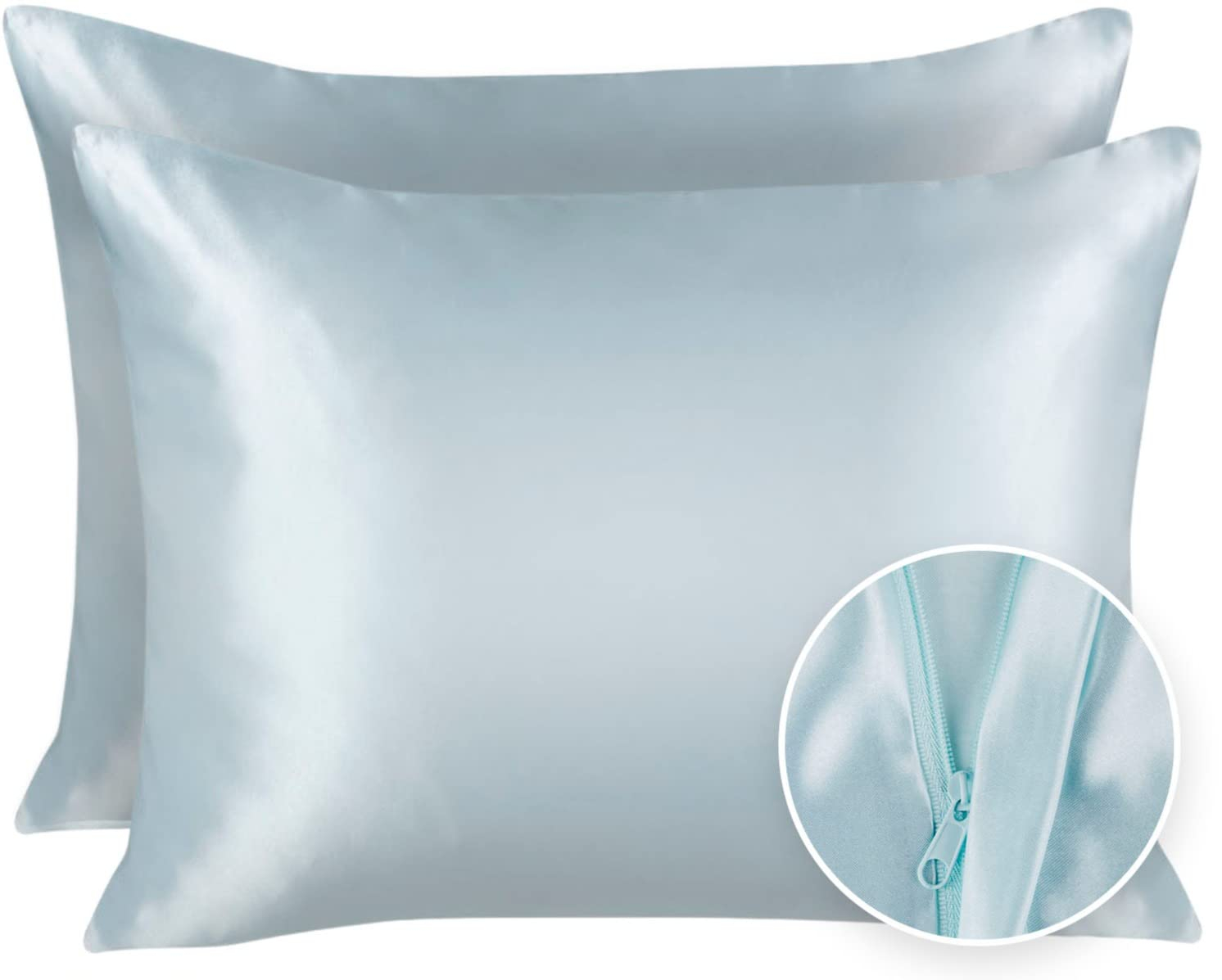 Blissford Luxury Baby Blue Satin Pillowcase with Zipper Closure, Standard 2-Pack