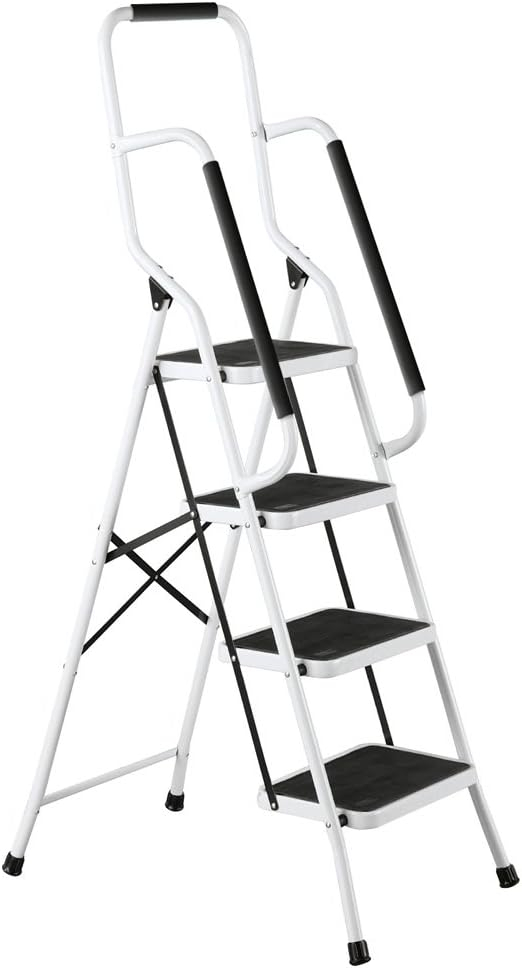 Collections Etc. Folding Anti-Slip Safety Step Ladder with Handrail Grips for Home or Office, Four Steps, 62.5 inches tall, White, White