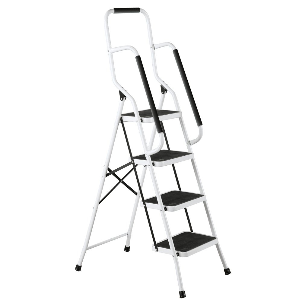 Collections Etc. Folding Anti-Slip Safety Step Ladder with Handrail Grips for Home or Office, Four Steps, 62.5 inches tall, White, White