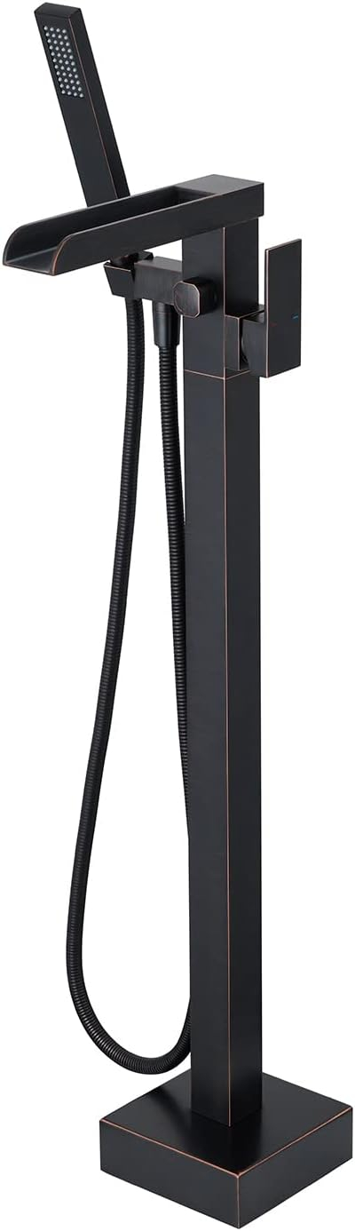 Single-Handle Floor Mount Freestanding Tub Faucet Waterfall Tub Filler with Handheld Shower in Oil Rubbed Bronze