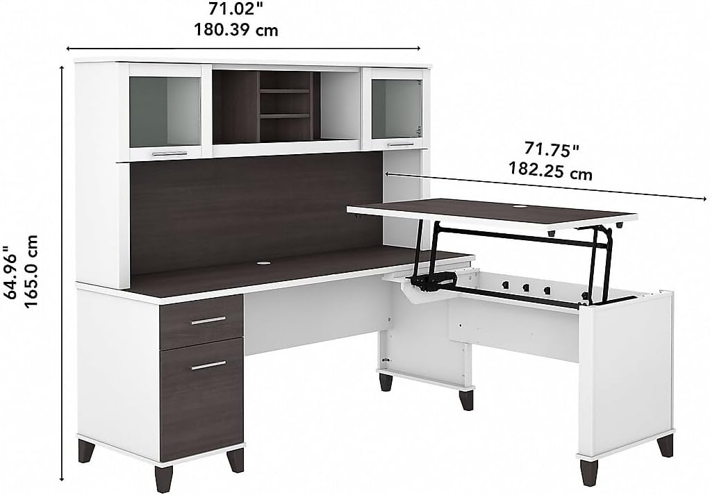 Bush Furniture Somerset 72" Sit to Stand L Desk & Hutch, Storm Gray & White