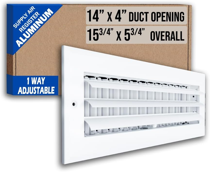 Fits 14x4 Duct Opening Aluminum 1-WAY Adjustable Air Supply Grille by Handua | Curved Blade Register Vent Cover for Sidewall & Ceiling | White | Outer Size: 15.75" X 5.75"