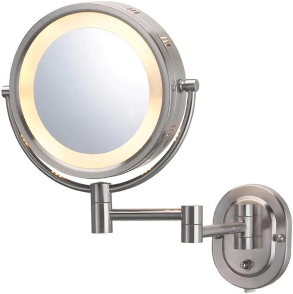 Jerdon 8-inch Two-Sided Lighted Makeup Mirror, 5X-1X Magnification - Plug in - Nickel Finish - Model HL65N