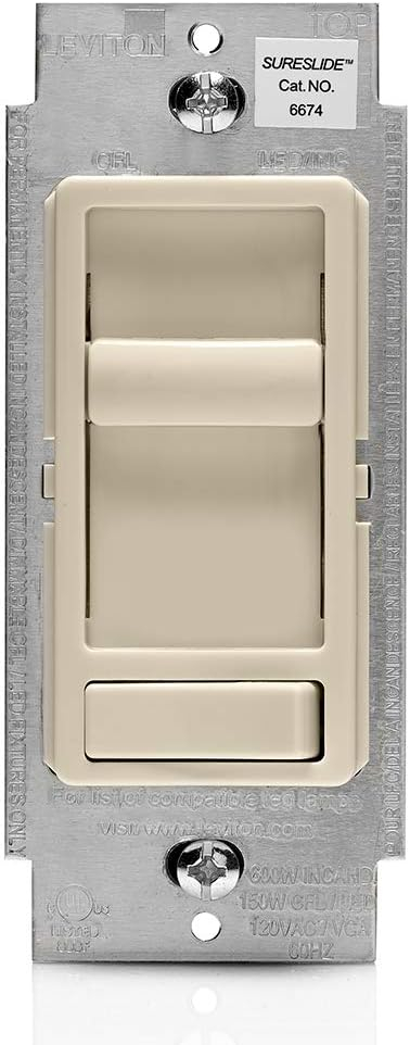 Leviton 6674-P0T SureSlide Universal 150-Watt LED and CFL/600-Watt Incandescent Dimmer, Light Almond