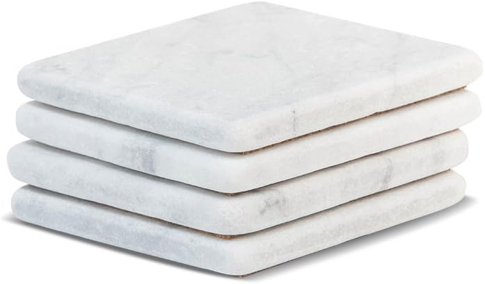 Elegant White Marble Coasters Set of 4 – Absorbent Square Coasters for Drinks – Perfect Home Decor and Table Decor – Coaster with Cork Bottom for Desk or Table - Size 4" x 4"